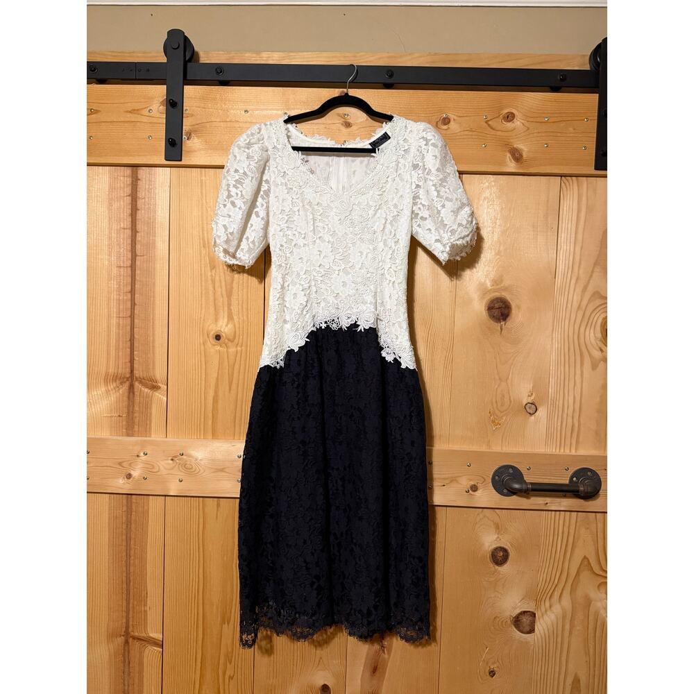 Vintage Lace Cachet by Bari Protas Dress Black and White Size 9/10 Bubble Sleeve